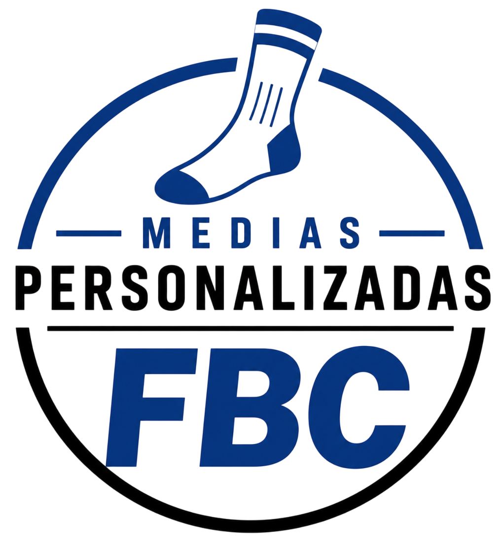 Logo circular azul y negro de Medias Personalizadas FBC con un calcetín en la parte superior.
