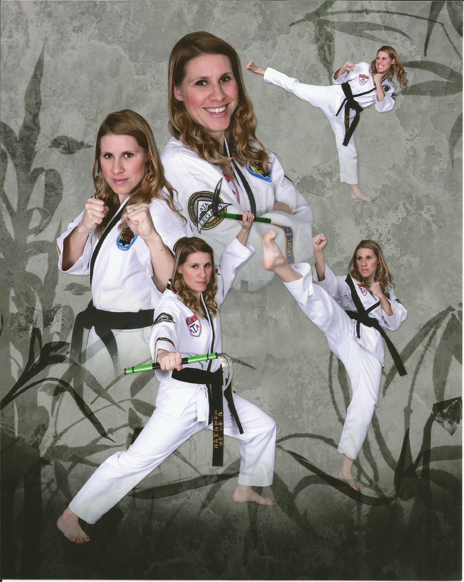 Woman in karate uniform performing various martial arts poses; gray background with plant silhouettes.