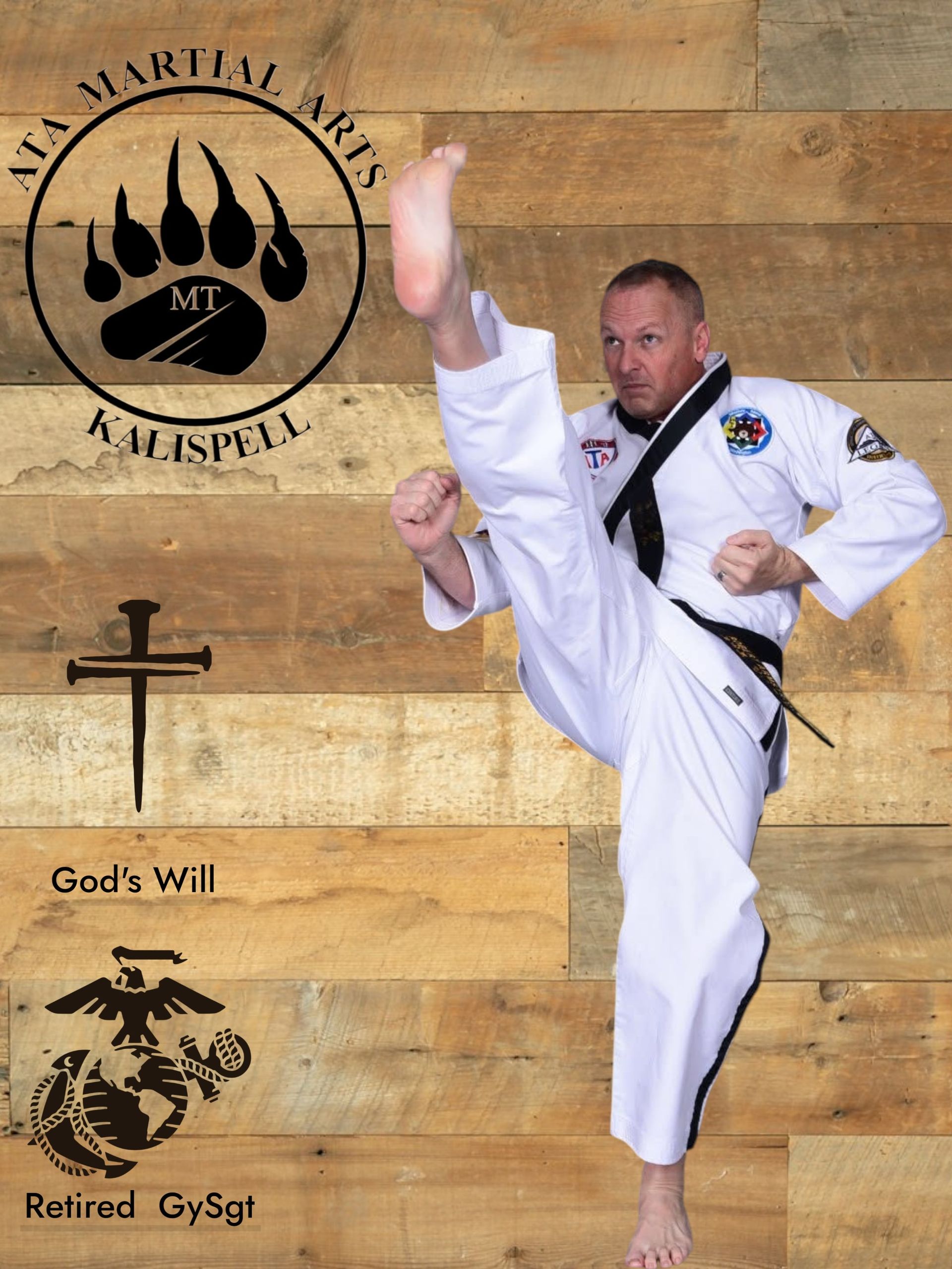 Man in martial arts uniform, high kick. ATA Martial Arts logo and Marine Corps emblem, wooden background.