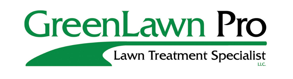 The logo for GreenLawn Pro, featuring the company name in green and black with a green stylized grass graphic underneath.