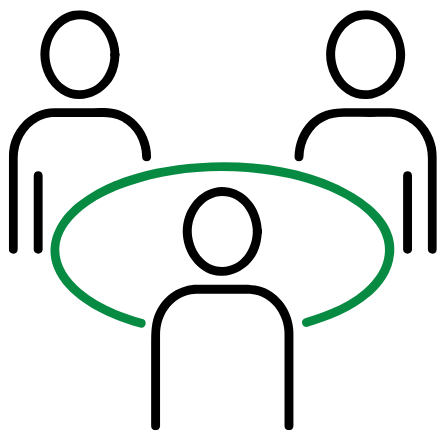 Three stylized figures arranged around a green oval table, representing a meeting or group discussion.