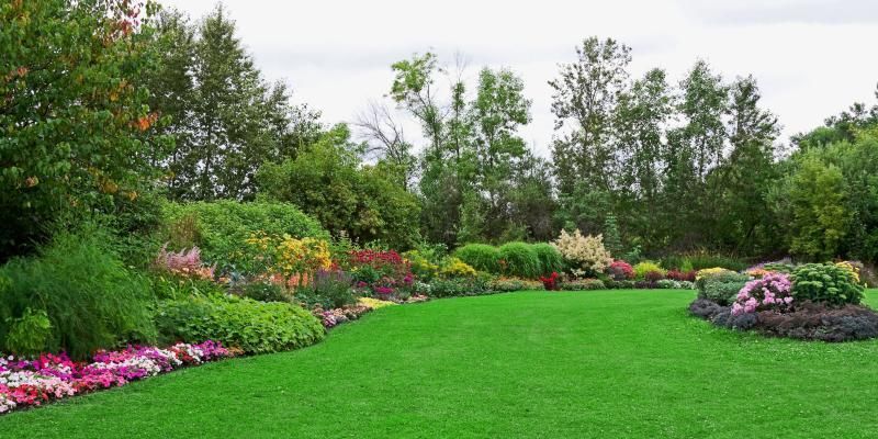 A lush, green lawn surrounded by vibrant flower beds and a variety of trees under a cloudy sky.