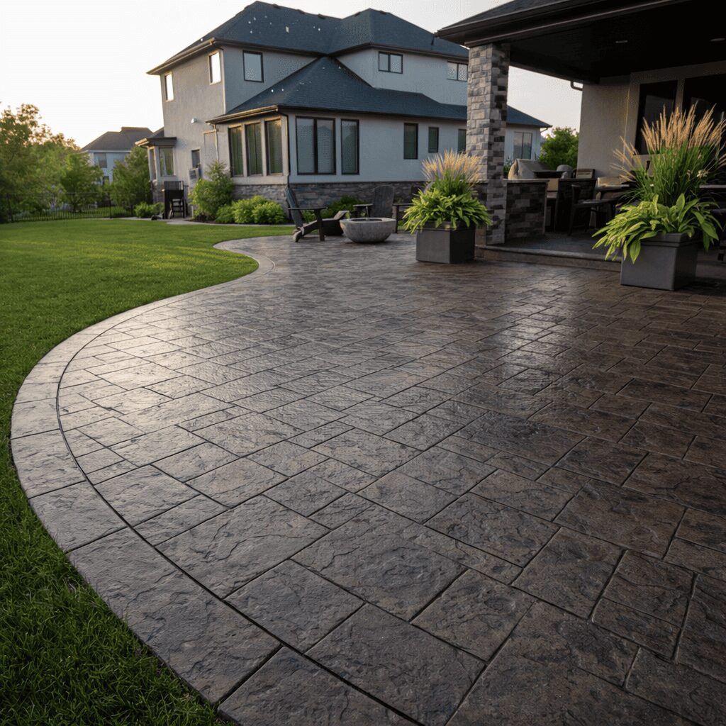 Curved stamped concrete patio beside a modern house with potted plants and lawn at sunset