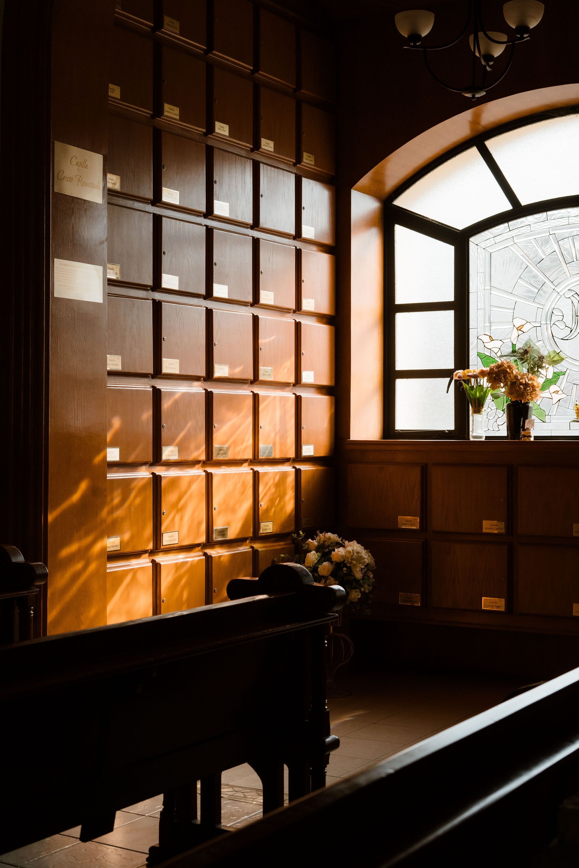 Sunlit room with frosted glass wall, arched window, and a vase of flowers on the sill