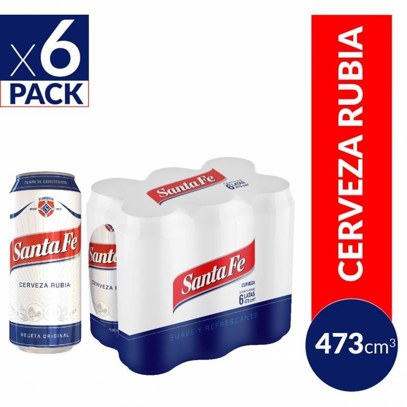 Pack de seis latas de cerveza rubia Santa Fe con empaque rojo y blanco.