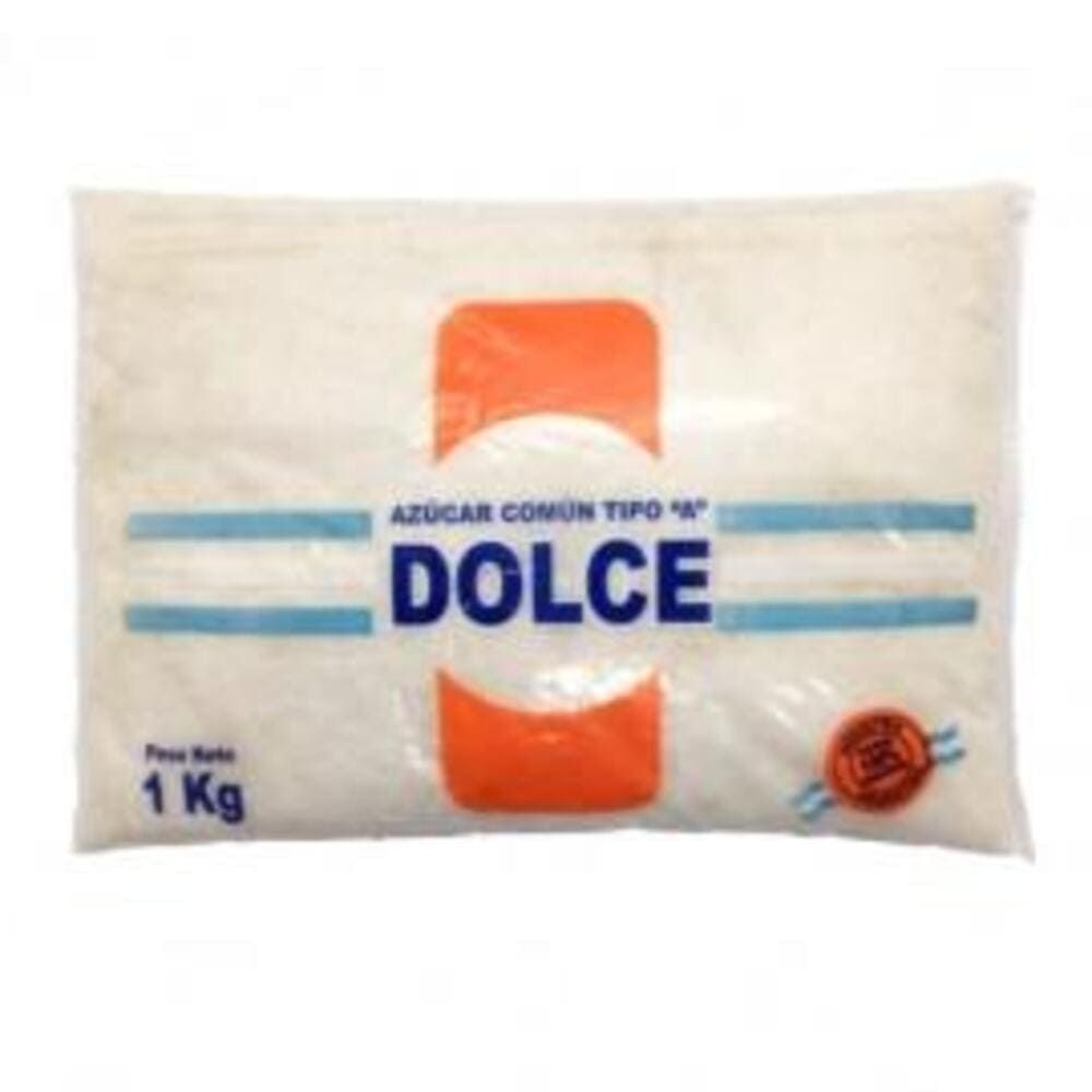 Bolsa de azúcar blanco marca “Dolce”, 1 kg, con etiqueta azul y naranja.