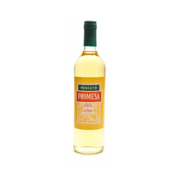Botella de vino Moscato, etiqueta amarilla con texto rojo, tapón verde.