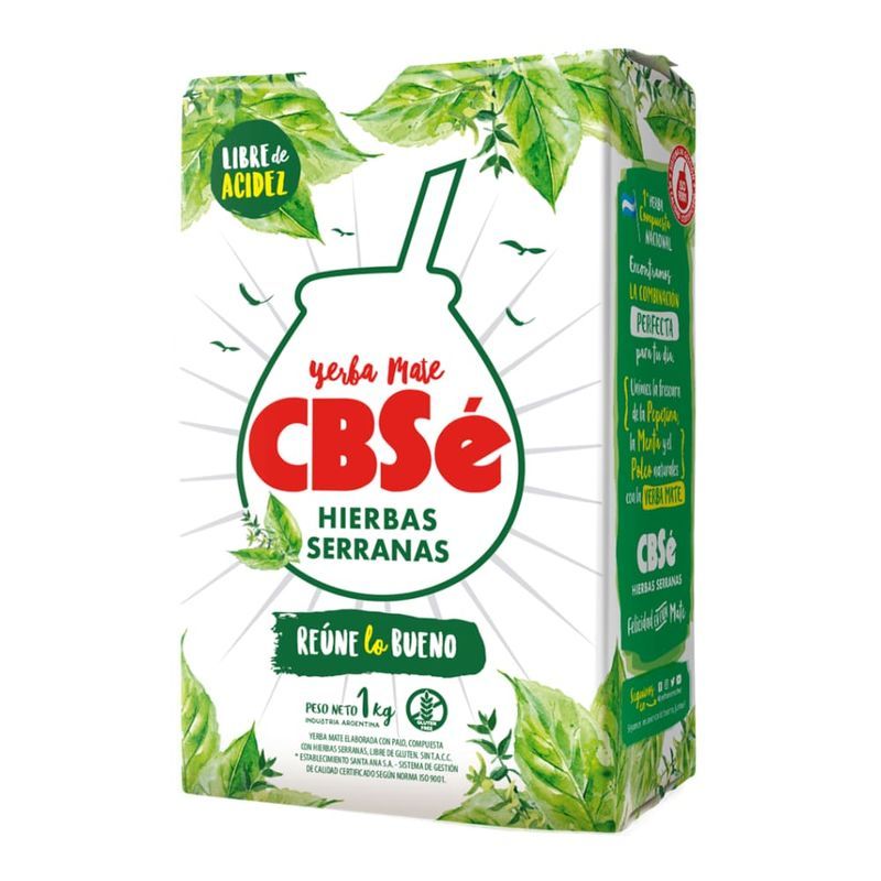 Caja de Yerba Mate CBSé con hojas verdes y la palabra 