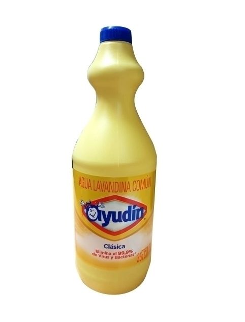 Botella amarilla de lejía Oyudin con tapón azul y etiqueta blanca.