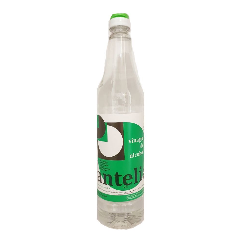 Botella de líquido transparente con etiqueta verde y blanca y tapón verde.