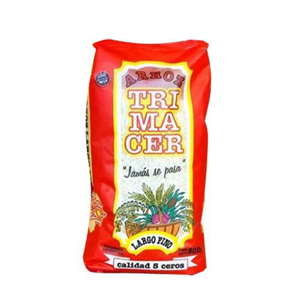 Bolsa roja de arroz Trimer con texto, diseño y lema “Jamás se pasa”.