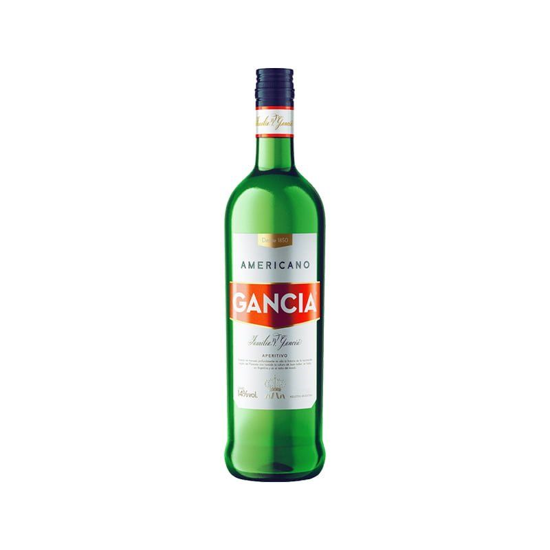 Botella de Gancia Americano, una botella de licor de vidrio verde con etiqueta roja y blanca.