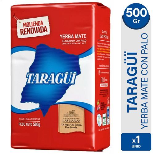 Un paquete de Yerba Mate Taragui, rojo y azul, con el texto 