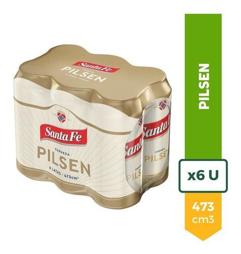 Paquete de seis latas de cerveza Santa Fe Pilsen en envase dorado.