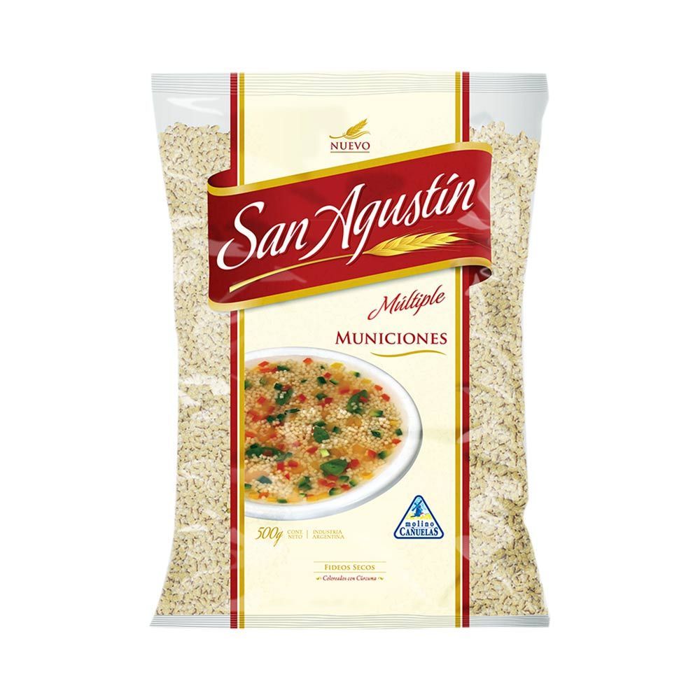 Bolsa de pasta munición para sopa “San Agustín”; empaque blanco, dorado y rojo con plato sopero.