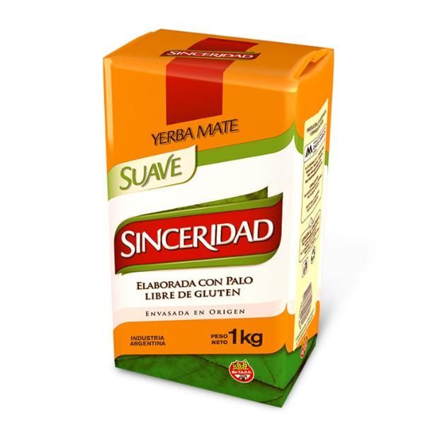 Caja de yerba mate Sinceridad, en envase naranja y verde. Se ven las palabras 