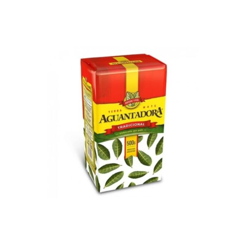 Caja de té mate tradicional Aguadora, color rojo y amarillo con estampado de hojas verdes.