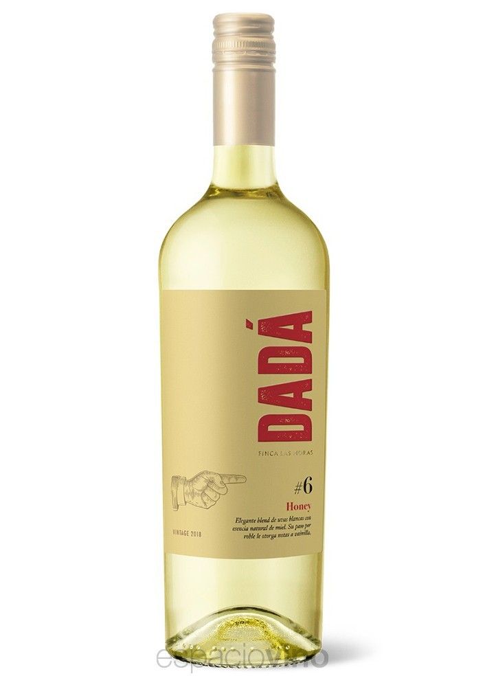 Botella de vino blanco Dada con etiqueta beige y texto rojo.