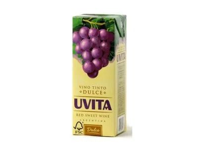 Caja de vino tinto dulce Uvita, con ilustración de racimo de uvas.