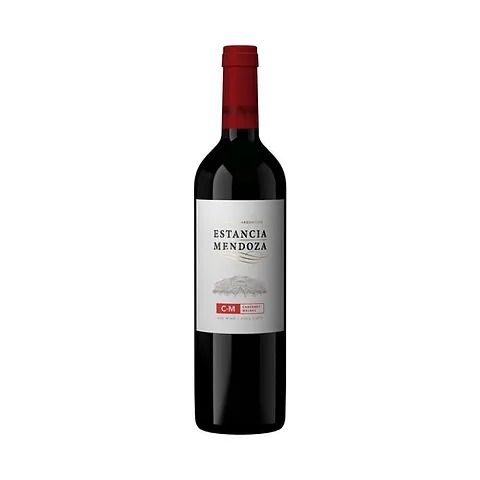 Botella de vino Estancia Mendoza, etiqueta roja y tapa roja, cristal negro.