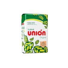 Caja de yerba mate Unión, empaque verde y blanco, diseño de hojas.