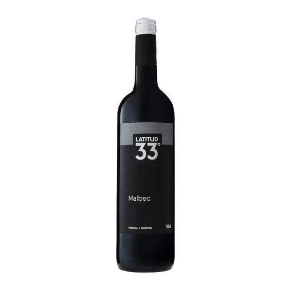 Botella de vino Lattitud 33 Malbec con etiqueta negra.