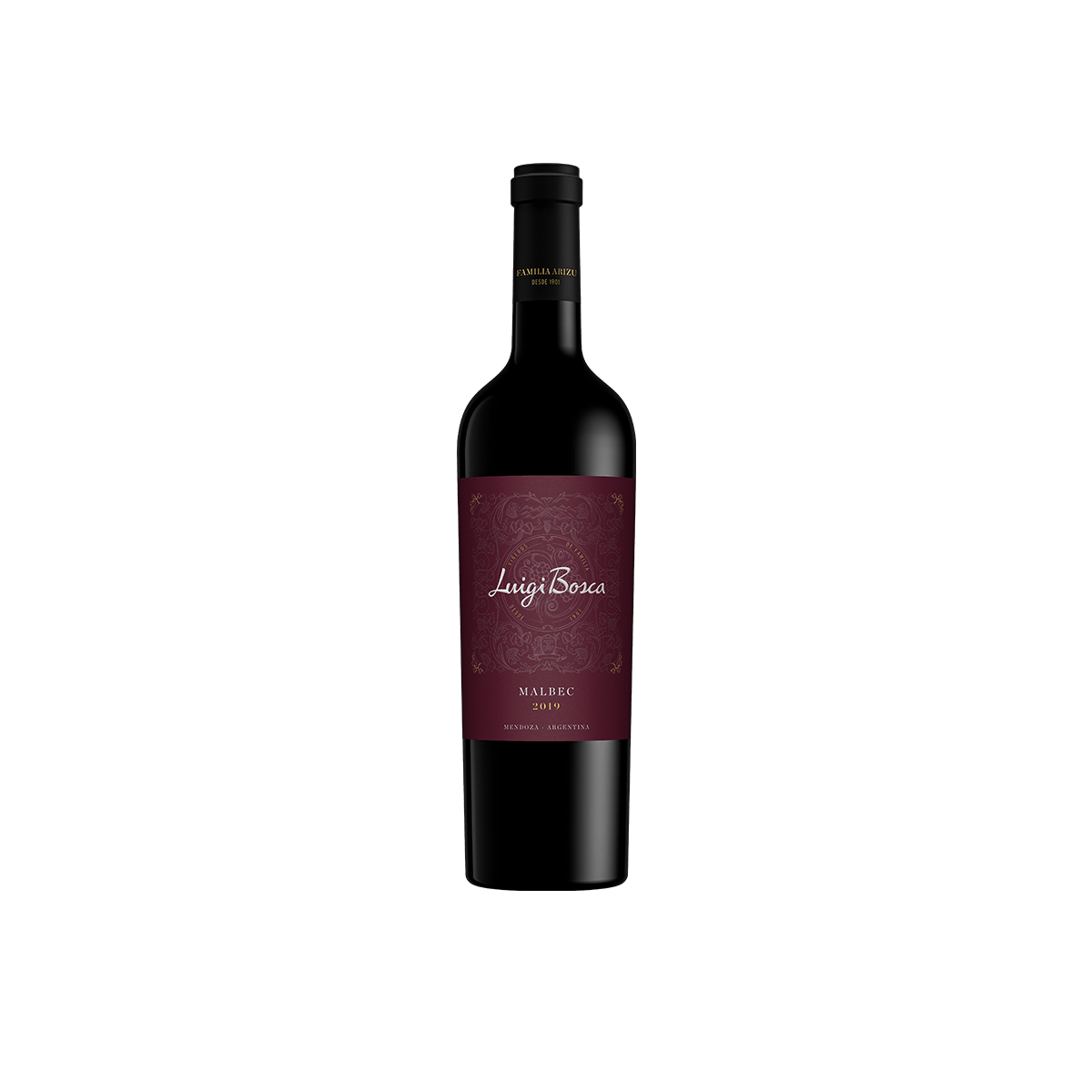 Botella de vino tinto con etiqueta de color burdeos oscuro y tapón negro.