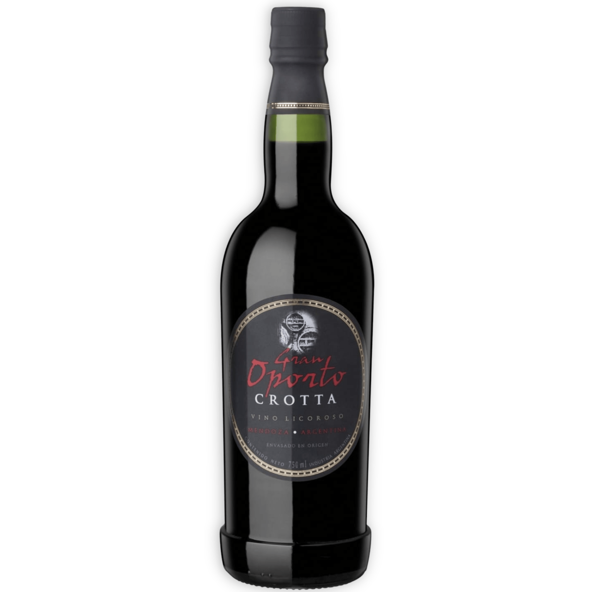 Una botella de licor Crotta, de color negro, con etiqueta redonda y tapón oscuro.