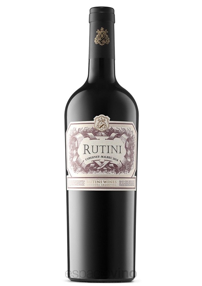 Botella de vino tinto Rutini, con una etiqueta decorativa sobre una botella negra.