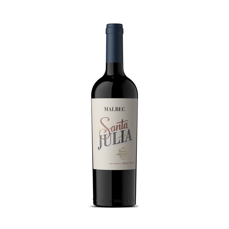 Botella de vino tinto Santa Julia Malbec. Tapón azul y etiqueta blanca con letras rojas y azules.