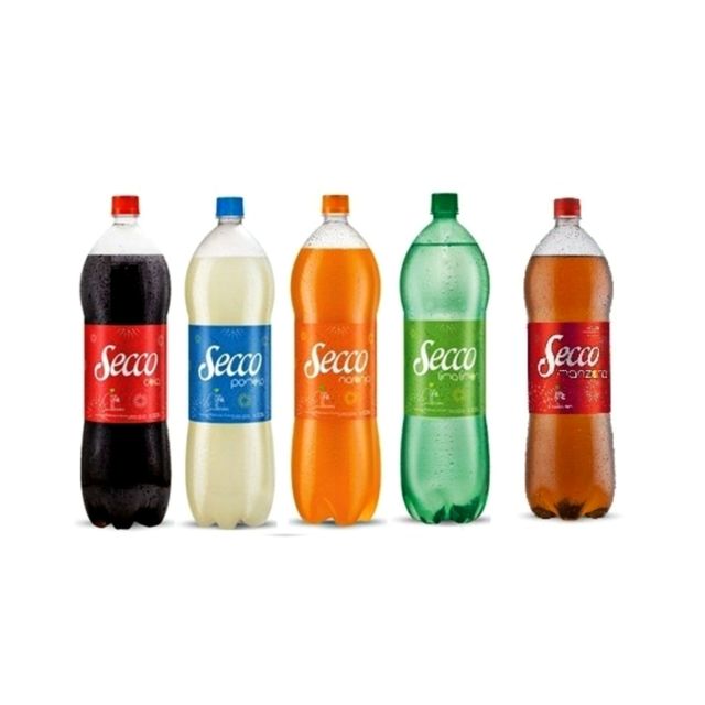 Cinco botellas de refresco Secco de diferentes colores: Cola, limón, naranja, verde y guaraná.