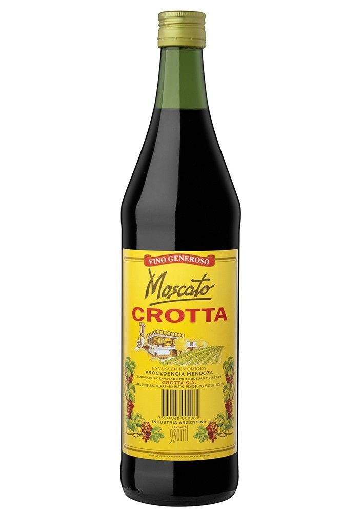 Botella de vino Crotta Moscato con etiqueta amarilla y tapón verde.