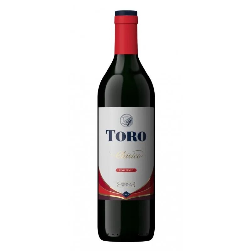 Botella de vino tinto Toro Clásico con etiqueta blanca y acentos rojos.
