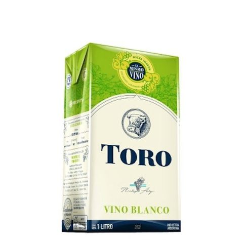 Caja de vino blanco Toro Vino Blanco. Envase verde y blanco con la palabra 