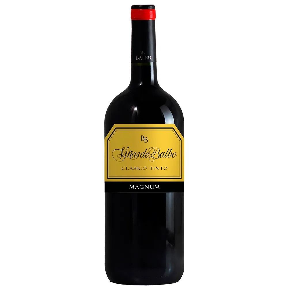 Botella de vino tinto “Eybar de Balbo”, con etiqueta dorada y tapón rojo.