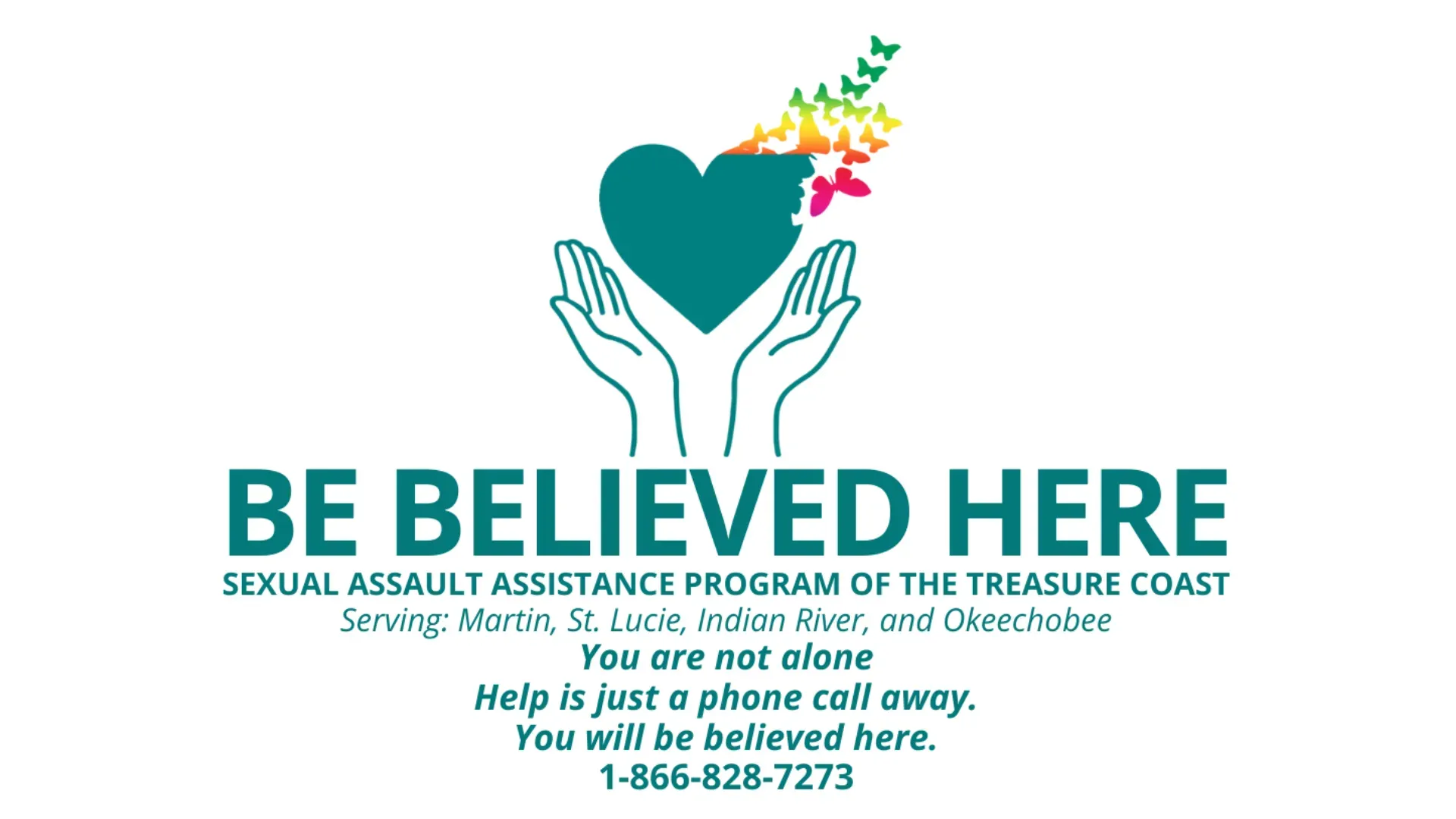 Logo for the Sexual Assault Assistance Program of the Treasure Coast with teal heart above hands, butterflies, and the words