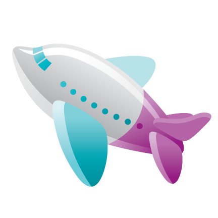 A purple and blue airplane is flying in the sky