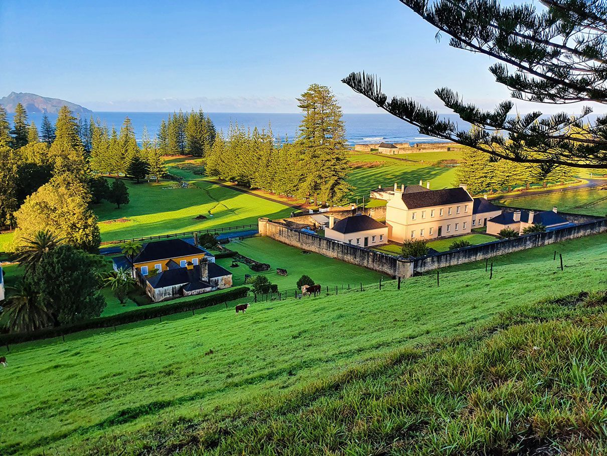 Stone buildings sit amidst rolling green hills with scattered trees and ocean views under a clear blue sky on Norfolk Island