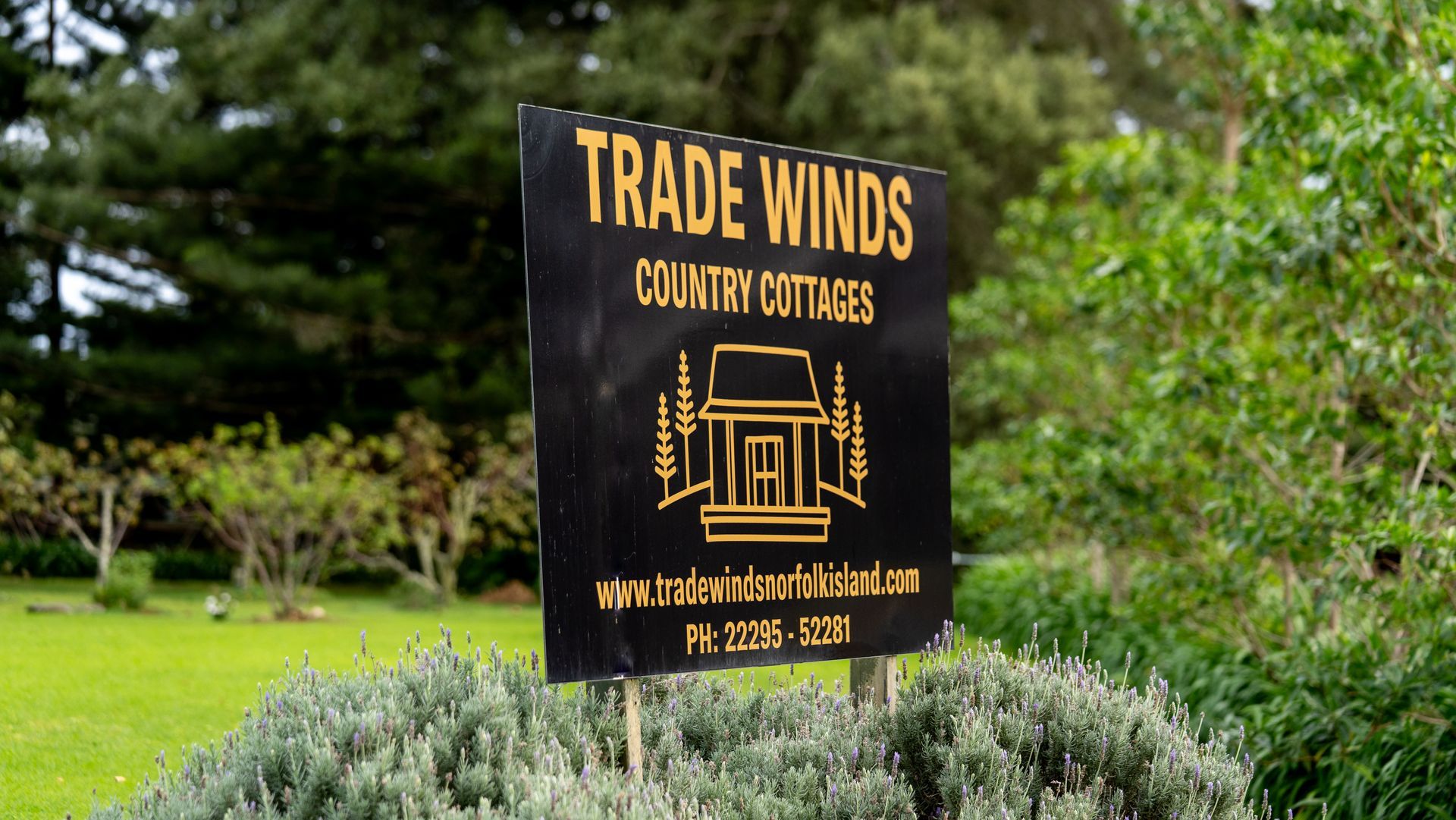 Trade Winds Country Cottage sign in a garden, black with gold lettering and a line drawing of a house