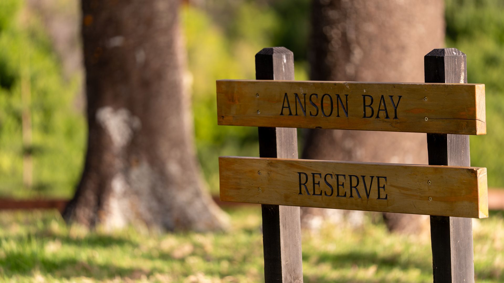 Wooden sign reading “Anson Bay Reserve” in a sunlit park with trees in the background