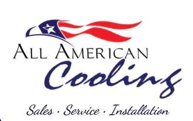 Logo for All American Cooling: Eagle with American flag colors, text 