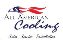 Logo for All American Cooling: Eagle with American flag colors, text 