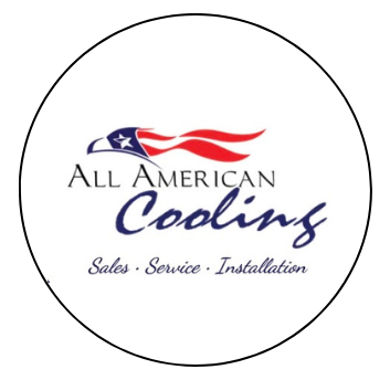 Logo for All American Coolings: Eagle with American flag colors, text 