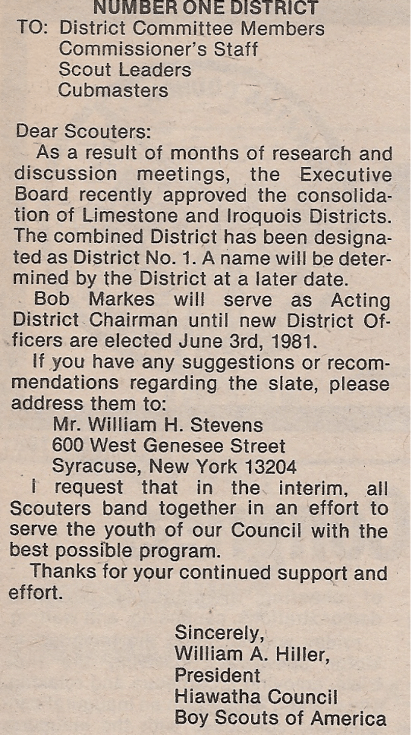 A letter from William A. Hiller, President of Hiawatha Council