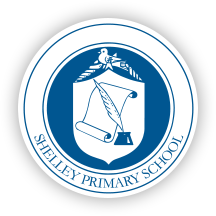 The logo for shelley primary school is blue and white