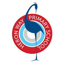 The logo for heron way primary school shows a heron in a circle.