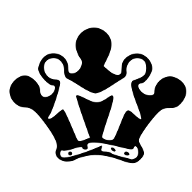 A black and white silhouette of a crown with two people holding hands.