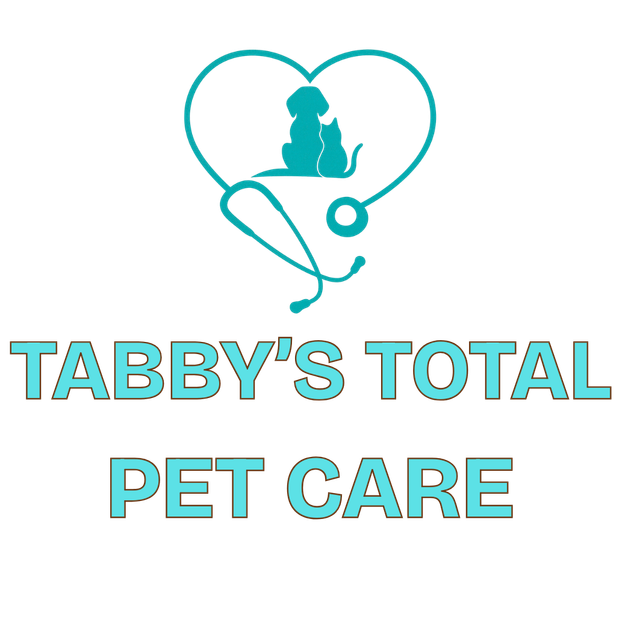 A logo for tabbys total pet care with a dog and a cat in a house.
