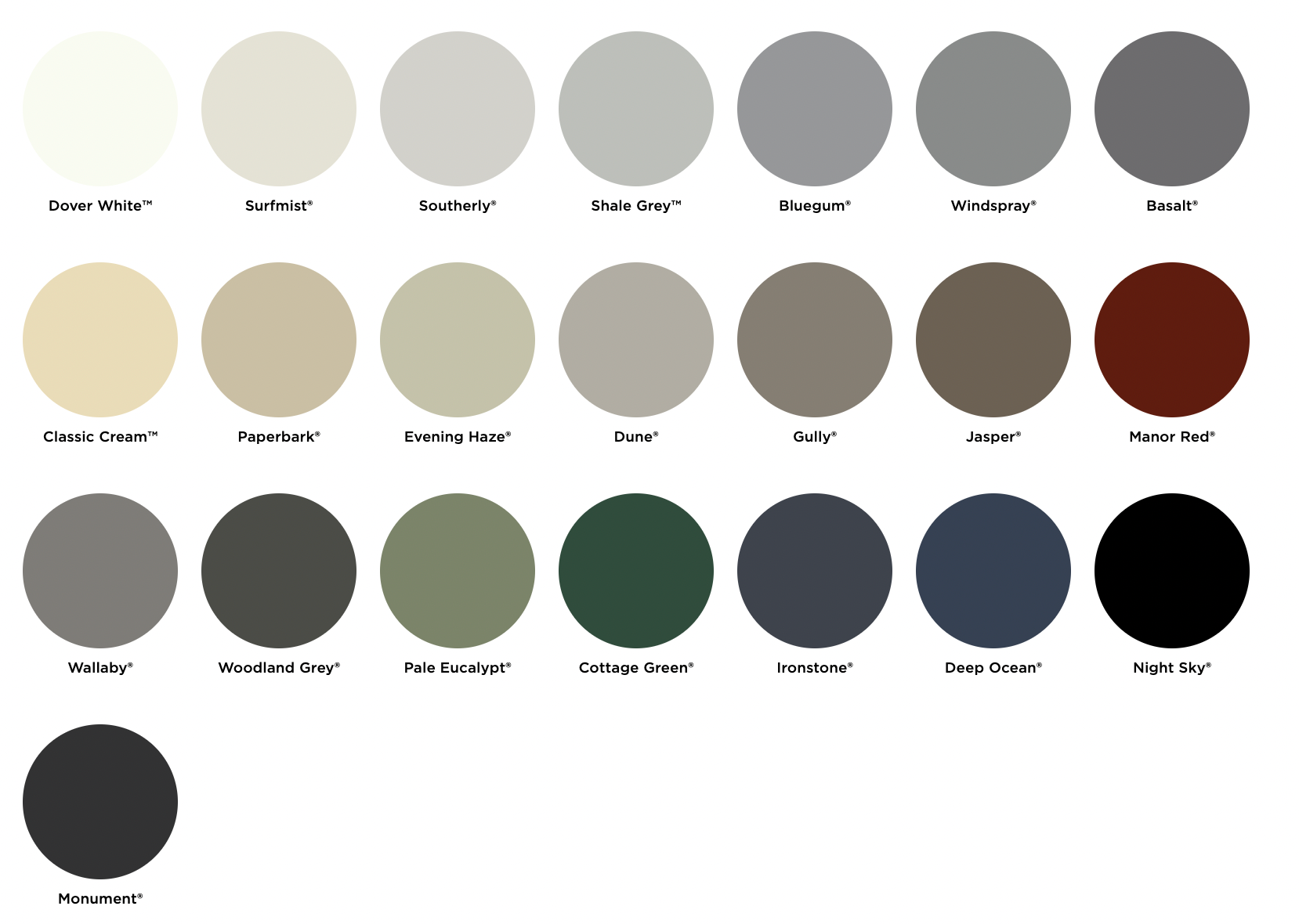 A variety of paint colors are shown in circles on a white background.