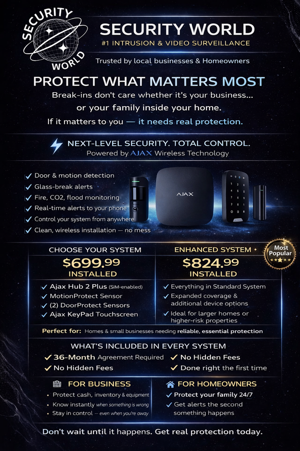 Security World CCTV and alarm ad with dark blue background, cameras, and pricing offers for home protection